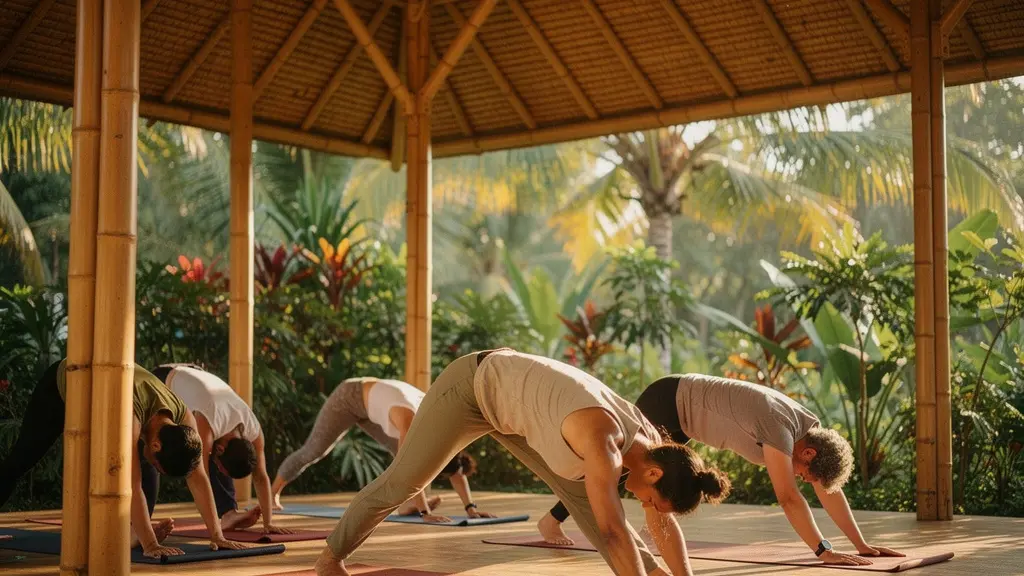 Séance de yoga dans un shala ouvert entouré de végétation tropicale